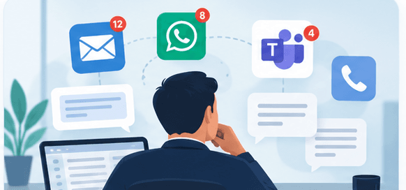 Illustrated freight-forwarding scene showing scattered communication