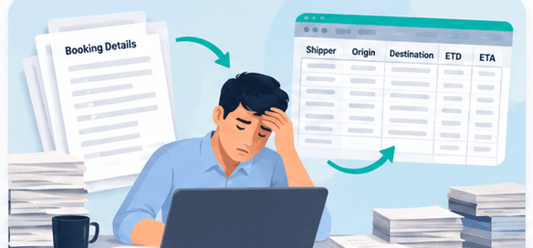 Illustrated freight-forwarding scene showing manual data entry