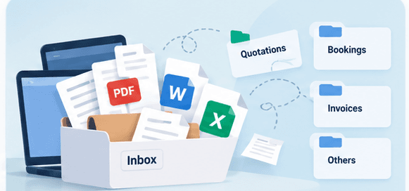 Illustrated freight-forwarding scene showing fragmented documents
