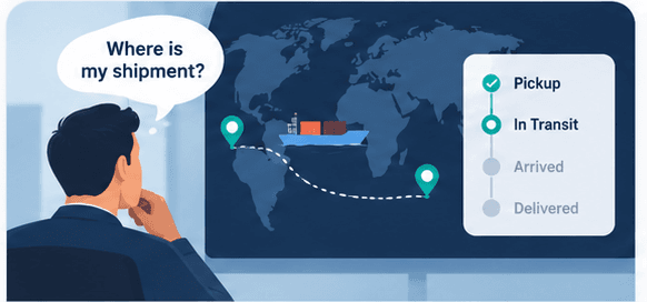 Illustrated freight-forwarding scene showing limited visibility