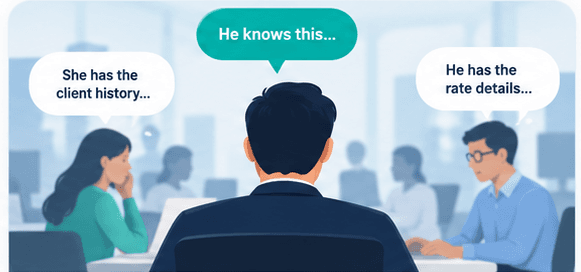 Illustrated freight-forwarding scene showing information trapped in people